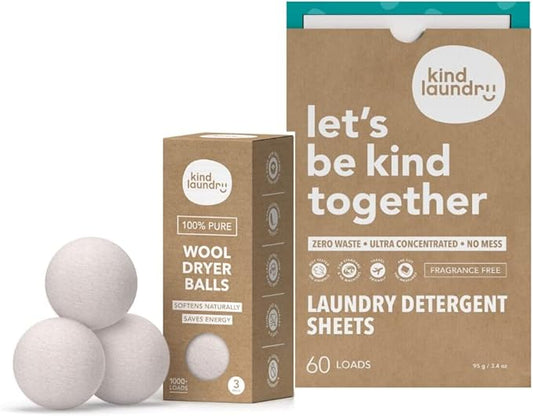 KIND LAUNDRY Wool Dryer Balls (3-Pack) & Detergent Sheets - Eco-Friendlier, Organic and Reusable Fabric Softener