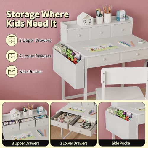 Kids Desk and Chair Set with 5 Fabrics Drawers, Ages 5-8, White - Image 7
