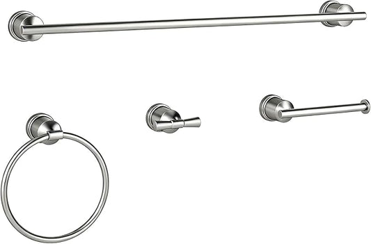 YUMORE Brushed Stainless Steel Bathroom Hardware Set, 4-Pieces Wall Mounted Bath Accessories Kit with Towel Bar, Towel Ring, Toilet Paper Holder & Robe Hooks, Modern Durable Design