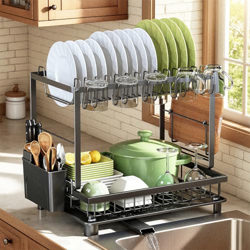 2-Tier Dish Drying Rack for Kitchen Counter, Space-Saving, Black - Image 2