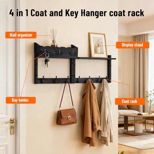 28" Coat Rack Wall Mount with Shelf with 7 Hooks 3 Key Hanger - Image 4