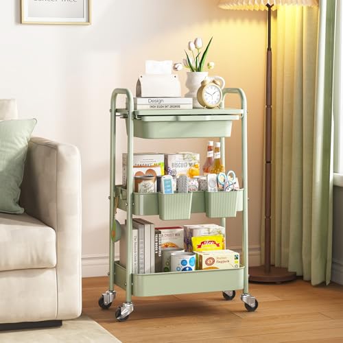 KINGRACK 3 Tier Metal Rolling Cart with Drawer, Green Utility - Image 3