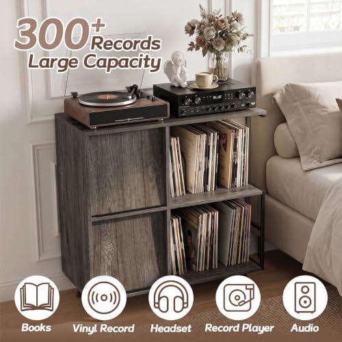 3 Tier Record Player Stand with Flip-Down Record Shelf, Gray - Image 6