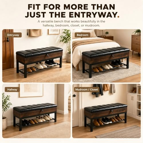 43.3'' Storage Bench with Shoe Rack, Tufted Entryway Bench - Image 4
