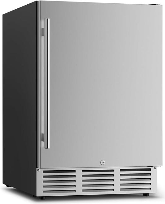 24 inch Beverage Refrigerator - 180 Cans Beverage Fridge Under Counter with Stainless Steel Door, Built-in or Freestanding Beer Fridge, Outdoor Refrigerator for Patio Kitchen Home Bar