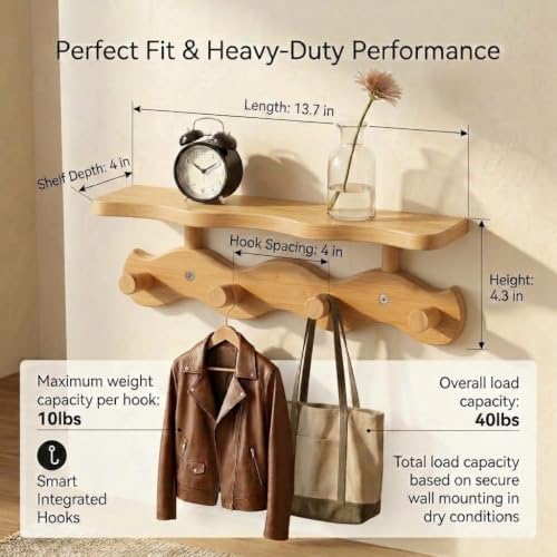 Wave-Shaped Bamboo Small Coat Rack Wall Mount with Shelf - Image 4