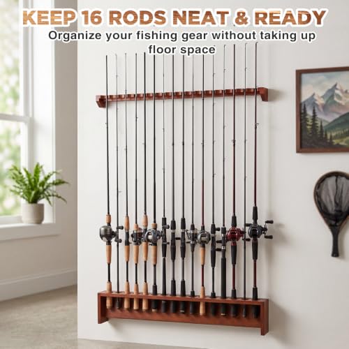 16-Rod Fishing Rod Rack, Wall Mount Oak Wood Pole Holder, Walnut - Image 7