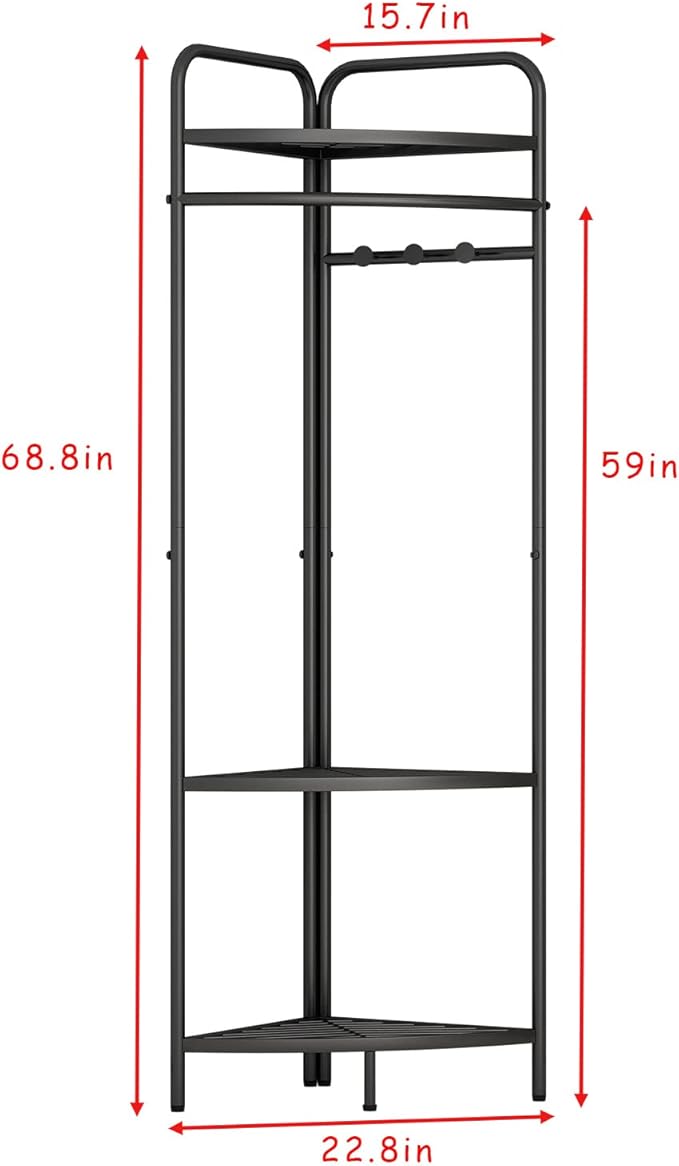 Corner Black Clothing Racks Freestanding, Metal Black Coat Racks with Hooks, Heavy Duty Modern Clothes Rack with 3 Tier Storage Shelves for Home,Bedroom,Living Room