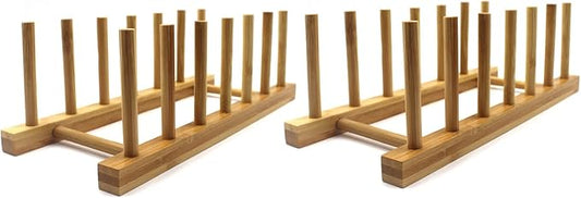 INNERNEED Bamboo Wooden Plate Racks Dish Stand Holder Kitchen Storage Cabinet Organizer for Dish/Plate/Bowl/Cup/Pot Lid/Cutting Board (Pack of 2)