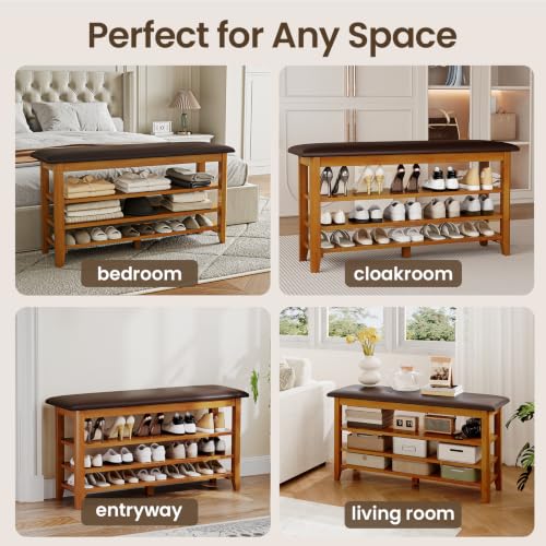 Solid Wood Shoe Rack Bench Entryway Storage with Leather - Image 8