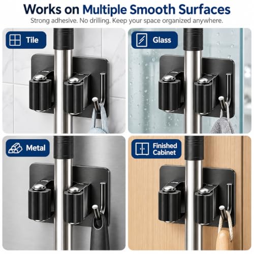 Broom Holder Wall Mount Self Adhesive 5 Pack, Matte Black - Image 6