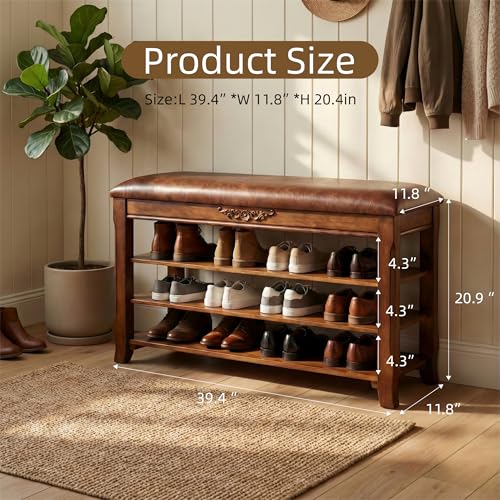 Shoe Rack Bench Entryway Storage with Leather Cushion, 39.4" - Image 3