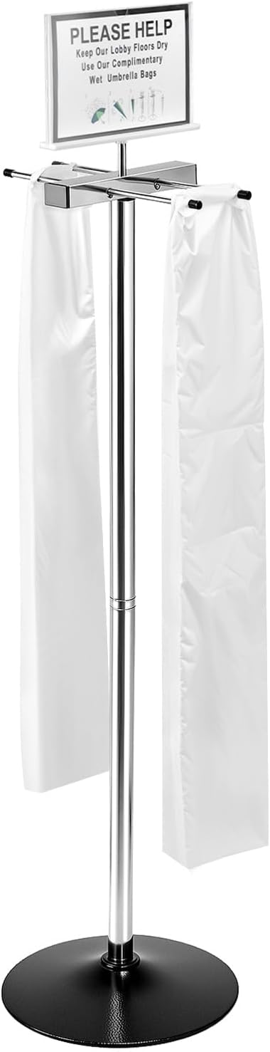 QWORK Umbrella Bag Dispenser Stand, Stainless Steel Dual-Side Holder, 8x11 Sign Frame, 6 lb Freestanding Black Base, Includes 200 Long Umbrella Bags for Lobby Entryway