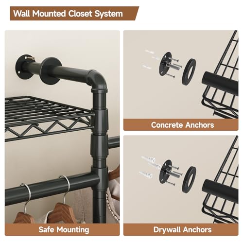 Wall Mounted Garment Rack, Industrial Pipe Clothing Rack Black - Image 8