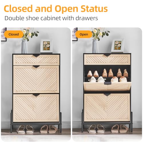 Shoe Cabinet with 2 Flip Drawers, Narrow Entryway Rack, Oak&Black - Image 6