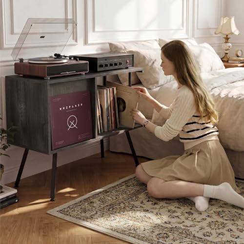 Record Player Stand with Flip-Down Record Shelf, Gray - Image 3