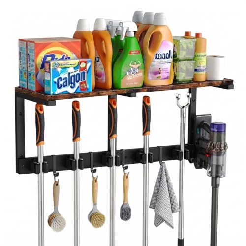 Broom Holder Wall Mount with Wooden Shelf, Mop Hanger Wall - Image 2