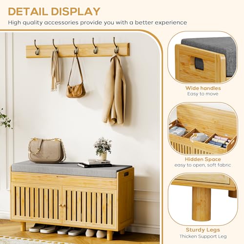 Shoe Storage Bench Coat Rack Set, 35.4" Bamboo Hall Tree - Image 7