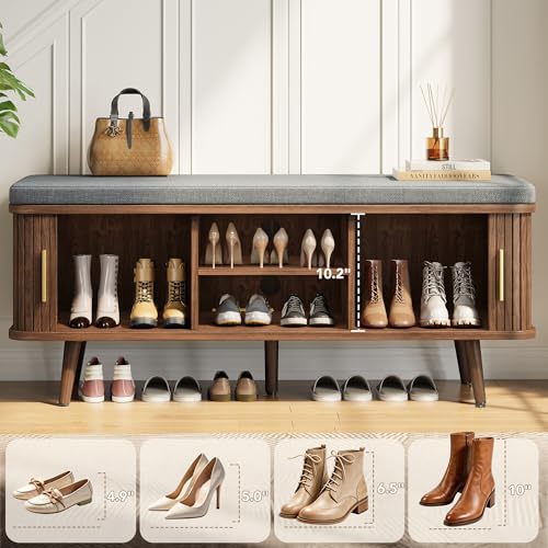 Decofy Shoe Storage Bench with Cushion and Sliding Doors - Image 5