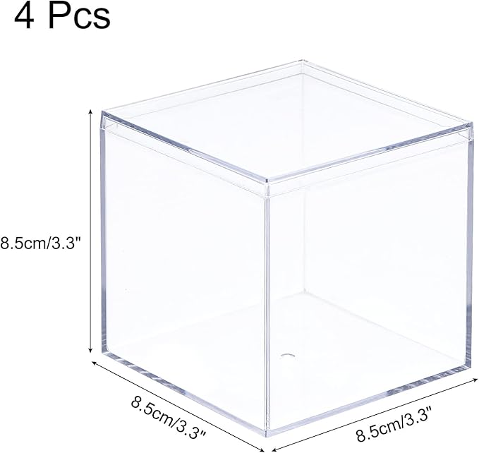 MECCANIXITY Clear Acrylic Plastic Storage Box Square Cube Display Case with Lid, 8.1x8.1x8.1cm Container Box for Small Item, Pack of 4