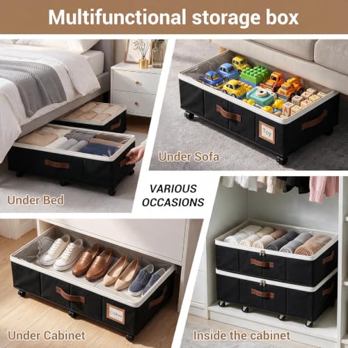 2 Pack Underbed Storage Boxes with Wheels, Black - Image 4