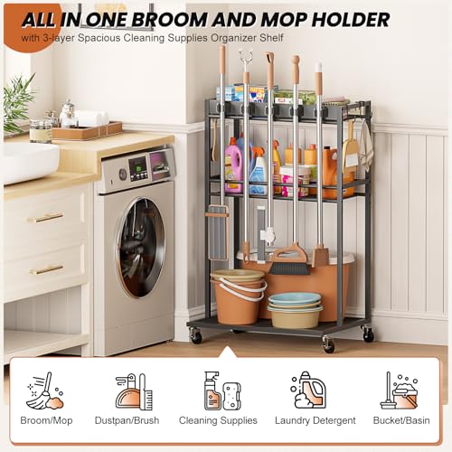 Broom Holder with Cleaning Supplies Organizer, Broom Closet - Image 3