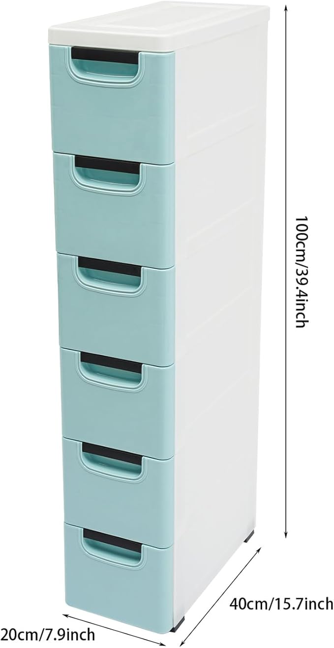 6 Drawers Narrow Slim Plastic Storage Cabinet,Storage Drawer with Wheels,6 Tier Drawers Dresser,Rolling Narrow Cabinet for Small Spaces Bathroom Kitchen Bedroom Living Room,Blue