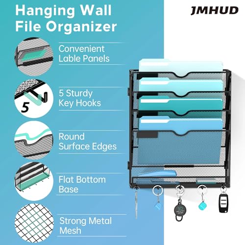 5-Tier Wall File Organizer and Mail Organizer with 5 Hooks, Black - Image 3