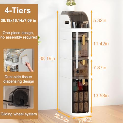 4-Tier Narrow Bathroom Storage Cabinet with Wheels & - Image 3