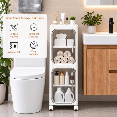 Narrow Slim Bathroom Storage Cabinet with Wheels, 2-Tier White - Image 4
