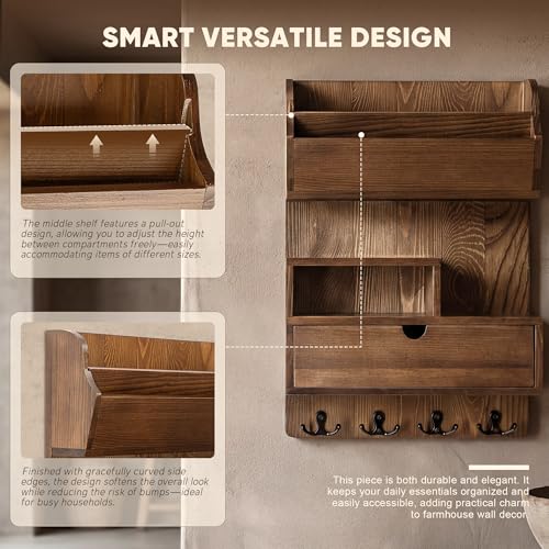 Pine Wood Key Holder Wall Mount with Drawer & 4 Hooks, Brown - Image 4