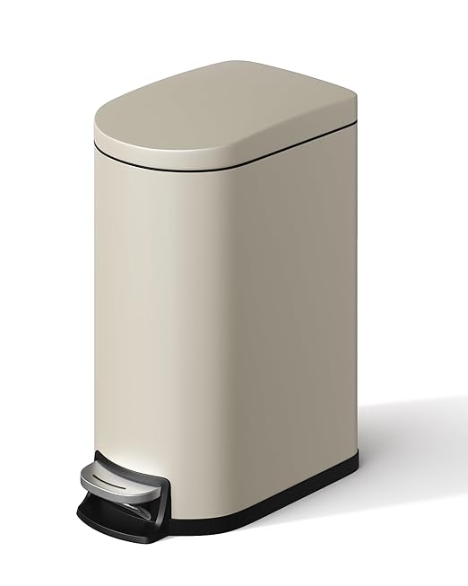 Stainless Steel Bathroom Trash Can with Lid, Slim Waterproof Garbage Can, Small Step-on Metal Trash Bin with Soft Close Lid, Inner Bucket & Rear Handle for Bathroom, Bedroom, Kitchen
