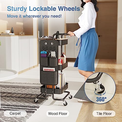 DTK 3 Tier Metal Utility Rolling Cart with Table Top and Side - Image 5