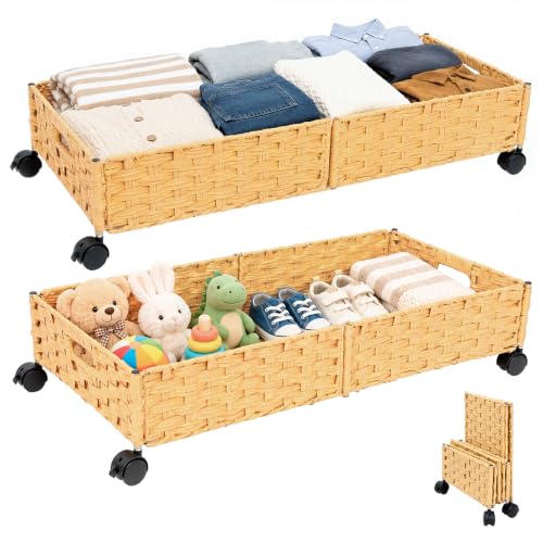 Foldable Under Bed Storage with Wheels, Rolling Wicker 2 - Image 2