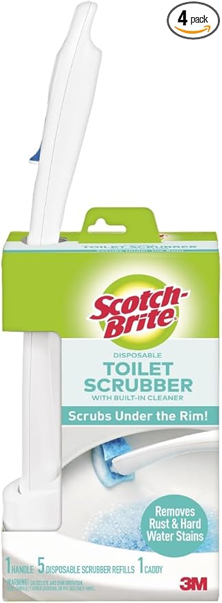 Scotch-Brite Disposable Toilet Scrubber Starter Kit, Disposable Refills with Built-in Bleach Alternative, Includes 1 Handle, Storage Caddy and 5 Refills