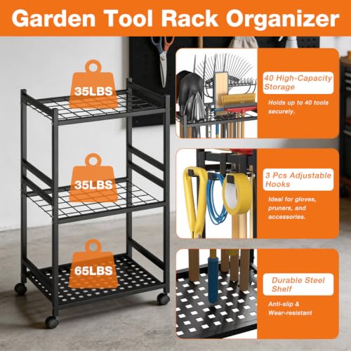 Garden Tool Organizer with Wheels, Yard Tool Rack with 3 - Image 5