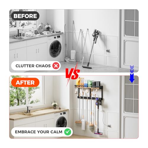 Broom Holder Wall Mount with Shelf, Black, L - Image 5