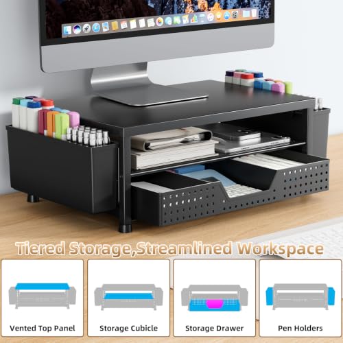 2-Tier Monitor Stand with Drawer, Metal Desk Riser, Black - Image 3
