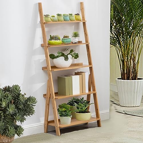 Maydear Bamboo Ladder Shelf Bookcase, 5-Tier Leaning - Image 6