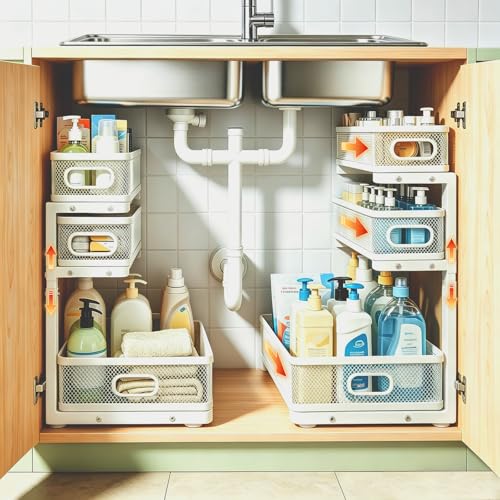2 Pack 3 Tier Under Sink Organizer with Pull Out Drawer - Image 2