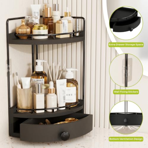 2-Tier Corner Bathroom Counter Organizer with Drawer, Black - Image 5