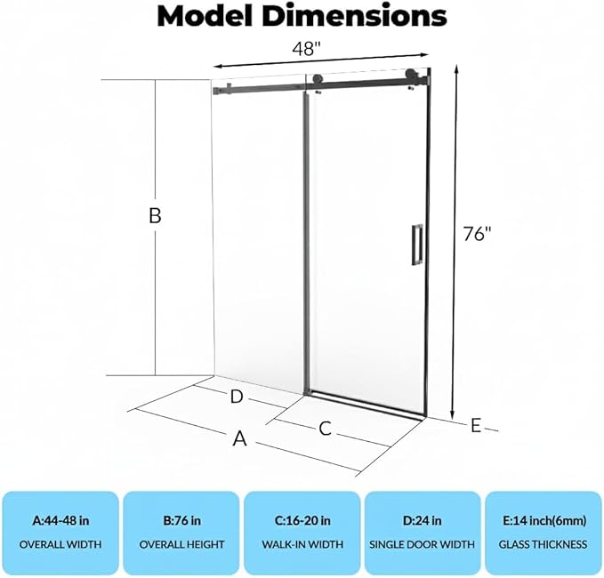 Shower Door 44-48" W x 76" H, Sliding Door, 1/4" (6mm) Clear Tempered Glass, Space-Saving Design for Modern Bathrooms