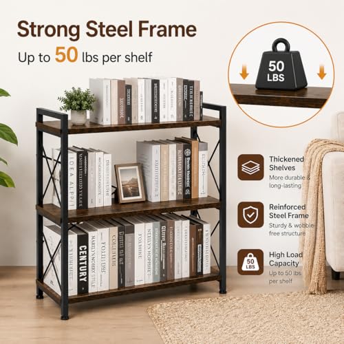 3 Tier Bookshelf, 32 x 36" Industrial Bookcase with Strong Metal - Image 4