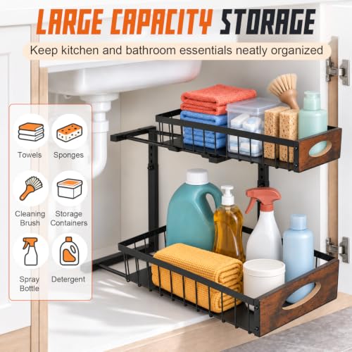 Under Sink Organizer with Wooden Handles, 2 Tier Pull Out Shelf - Image 4