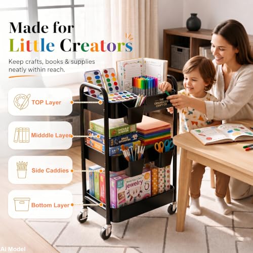 3 Tier Rolling Cart Metal with Wheels,Black Three Tiered Dorm - Image 4