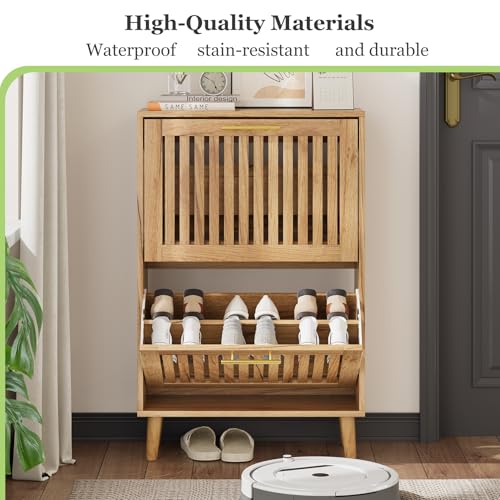 Shoe Storage Cabinet with Louvered 2 Flip Drawers, Narrow Shoe - Image 8
