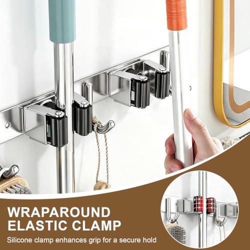 4 Pack Broom Holder Wall Mount, 5 Racks 4 Hooks Mop - Image 6