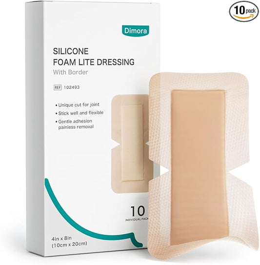 Dimora Silicone Foam Dressing with Border 4"X8" (10 Pack), Adhesive Large Bandages for Wound for Post Elbow Shoulder Knee Surgery Care