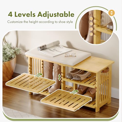 Bamboo Shoe Rack Bench, 3-Tier Shoe Bench Height Adjustable - Image 5