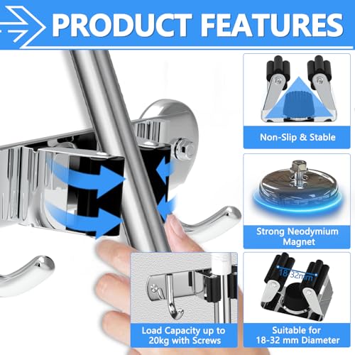 3-H Magnetic Broom Holder, 2 Pack, 3 Racks & 4 Hooks, Silver - Image 5